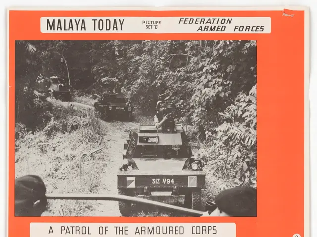 The image shows a poster with a black and white photo of a group of military vehicles on a road...