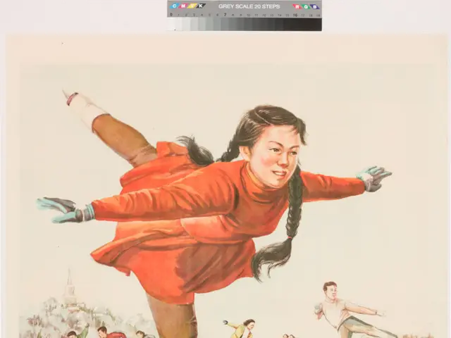 The image shows a Chinese propaganda poster featuring a woman skating on an ice rink surrounded by...
