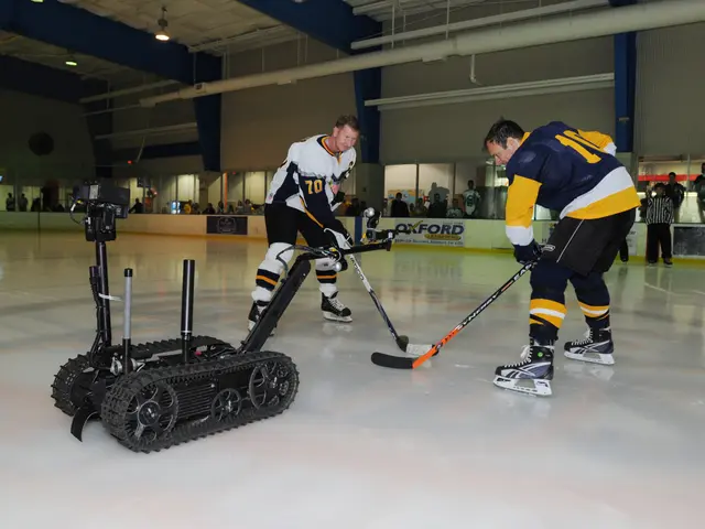 The image shows two men playing hockey on an ice rink, each holding a hockey stick. In the...