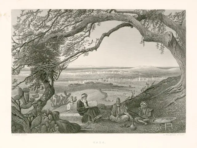 The image shows a group of people sitting under a tree in a field, surrounded by plants and other...