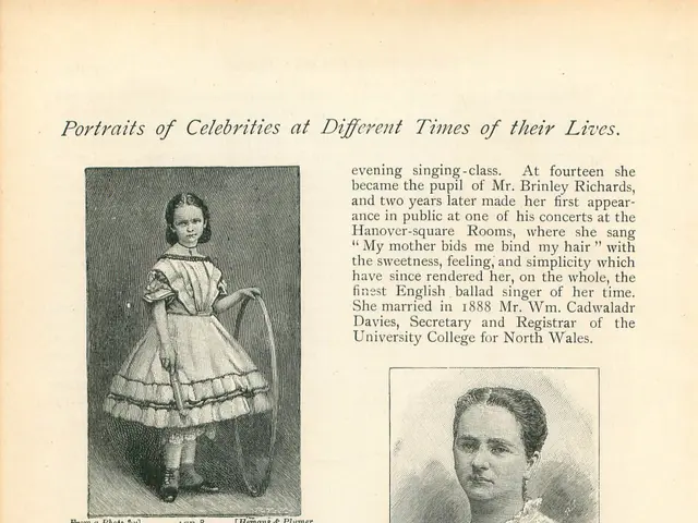 The image shows an old book with pictures of women on it. The book is open to a page with text and...