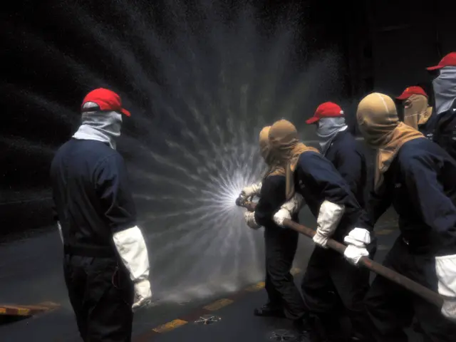 The image shows a group of people wearing masks and caps, holding objects in their hands and...