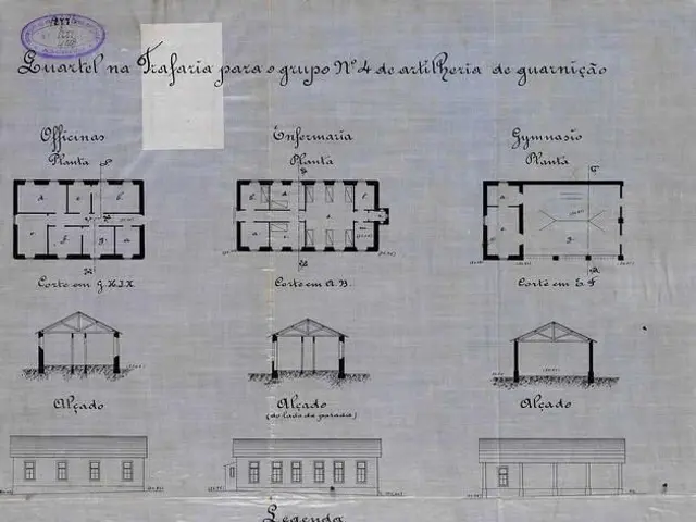 The image shows an old document with a drawing of a building on it, which appears to be a plan for...