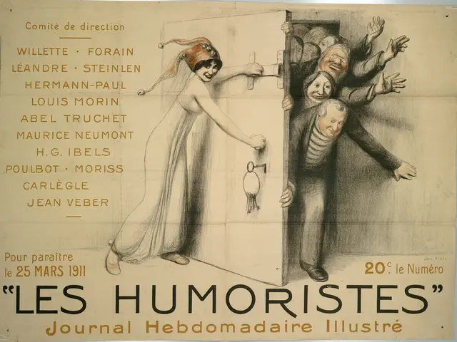 The image shows a poster on the wall of a building depicting a group of people, with the text "Les...