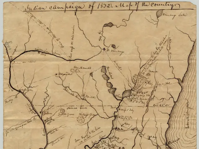 The image shows an old map of the Indian Campaign of 1832, with text written on it. The map is...
