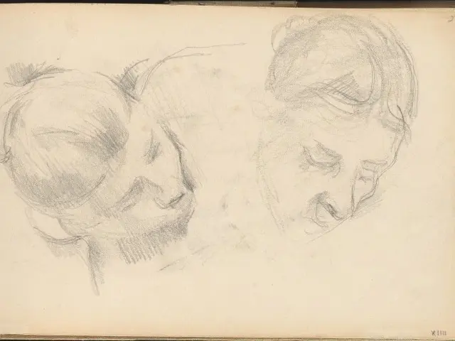 The image shows a book with a drawing of two women's heads on it. The book is open, revealing a...