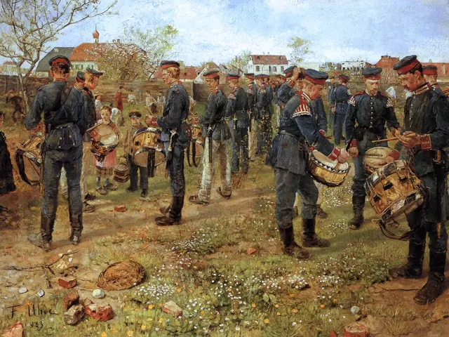 The image shows a painting of a group of men playing drums in a field, surrounded by plants with...