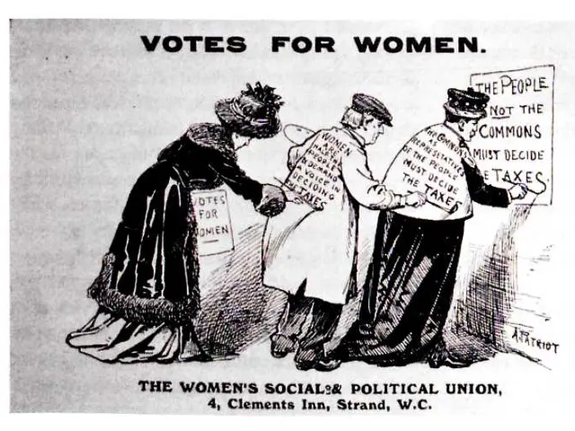 The image shows a cartoon of three women standing and holding a paper with the words "Votes for...