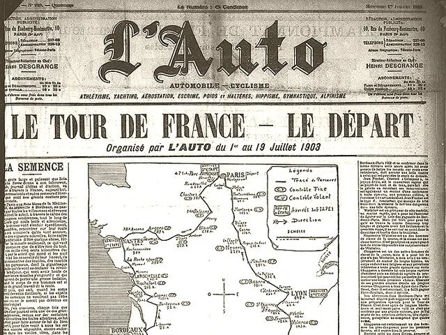 The image shows an old newspaper with a map of France on it. The paper has text and pictures of...