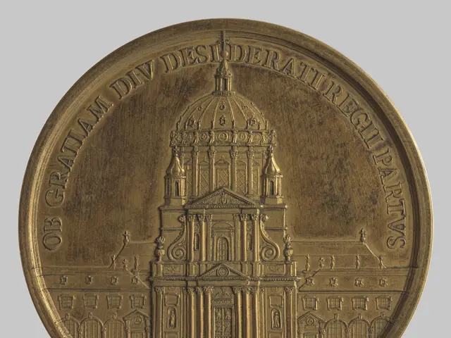 The image shows a gold medal with a picture of a building on it. The building is depicted in...
