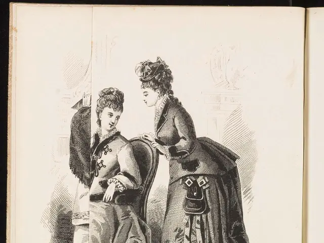 The image shows an open book with a drawing of two women in Victorian dresses, one sitting on a...