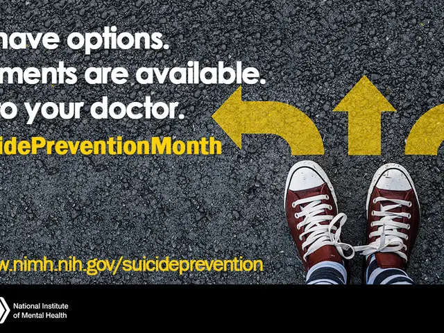 The image shows a poster with text and a logo, as well as a pair of shoes on the road. The text...