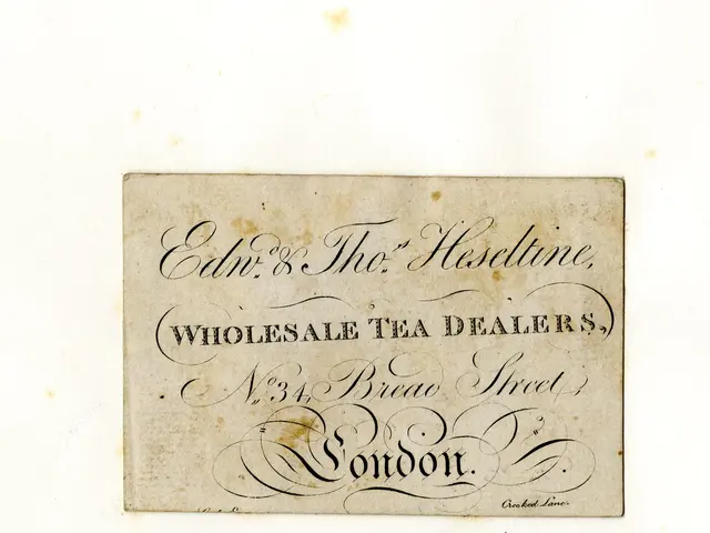 The image shows an old business card with the words "Wholesale Tea Dealers, London" written on it....
