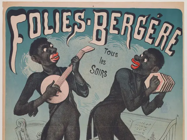 The image shows a poster advertising a concert featuring two black men playing musical instruments....