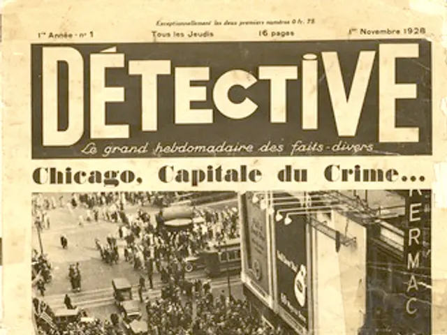 The image shows an old newspaper with a picture of a crowd of people and vehicles on the road, with...