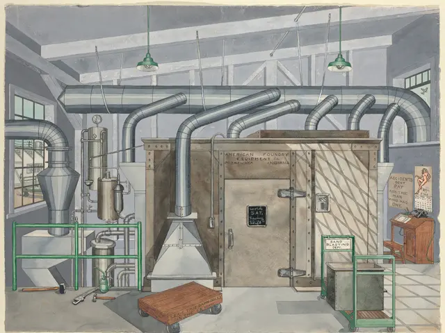 The image shows a drawing of a factory with a large machine in the middle of it, surrounded by...