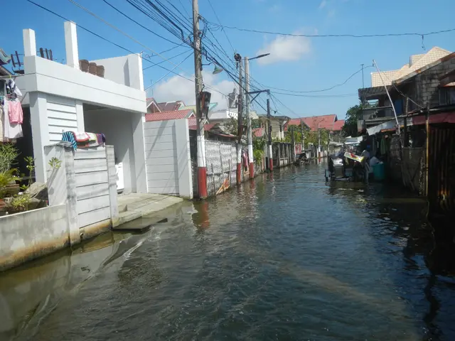 The image shows a flooded street in a small town with houses on either side. The water is up to the...