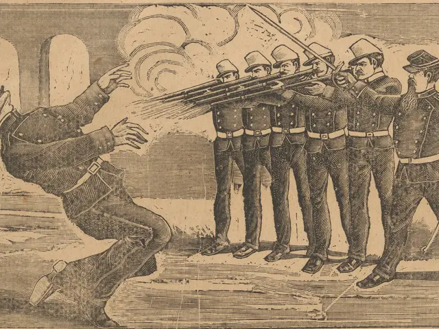 The image shows a man in a military uniform being attacked by a group of men, all of whom are...