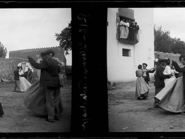 The image shows a group of people dancing in front of a building, surrounded by trees and a wall....