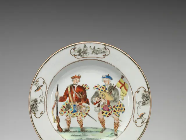 The image shows a plate with a painting of two men in kilts on it, set against a white background....