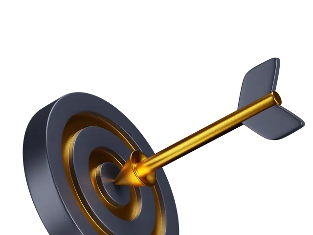 The image shows a black and gold dart hitting the center of a bullseye on a white background.