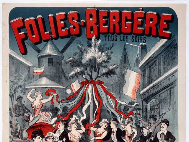 The image shows a poster for the Folies-Bergere Festival in Paris, France. It features a group of...