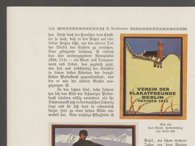 The image shows an advertisement for a ski resort in the mountains, featuring a poster with text...