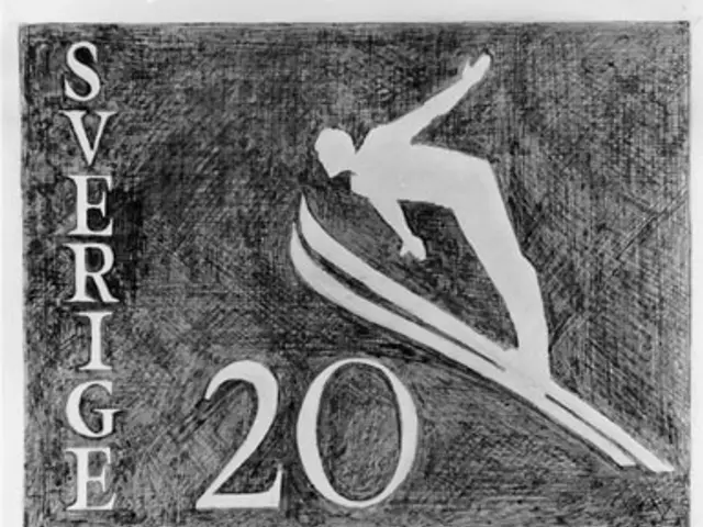The image shows a black and white drawing of a person on skis, with the text "Sverige 20" written...