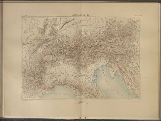 The image shows an open book with a map of the Swiss Alps on it. The map is detailed and shows the...