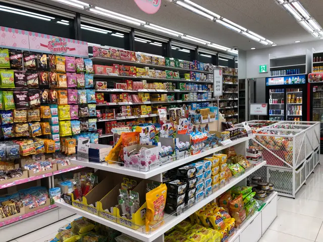 The image shows a store filled with lots of different types of food, including packets, boxes, and...