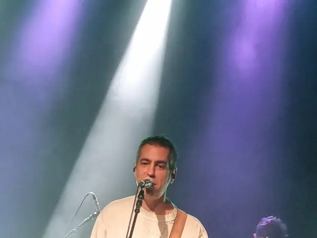 The image shows a man playing a guitar on stage at a concert, illuminated by lights at the top. He...
