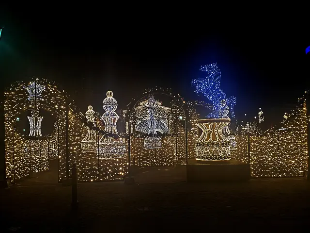 The image shows a festive scene of Christmas lights in the middle of a park at night, illuminated...