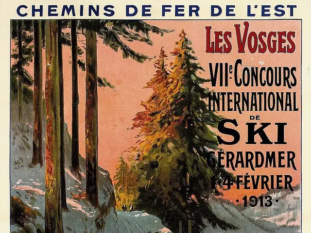 The image shows a poster advertising a ski resort in the French Alps. It features a group of people...