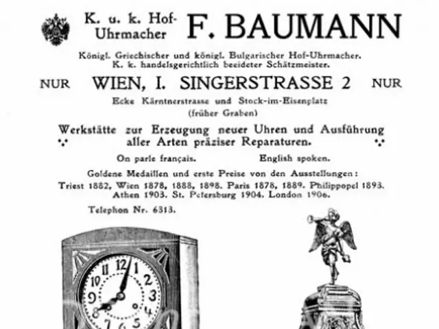 The image shows an old advertisement for a Baumann clock with two clocks on it. The paper has text...