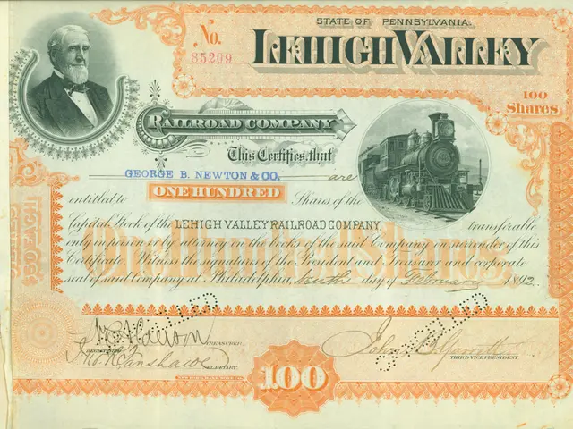 The image shows an old stock certificate with a picture of a man in a suit and tie, along with text...