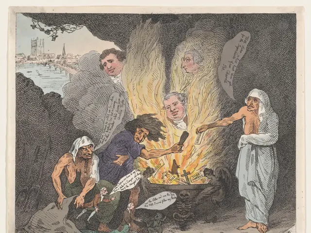 The image shows a cartoon depicting a group of people standing around a fire, with text at the...