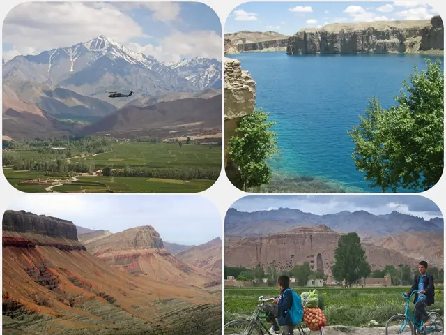 The image shows a collage of four pictures of people riding bicycles in the mountains, surrounded...