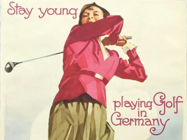 The image shows a poster of a woman playing golf in Germany. She is standing and holding a golf...