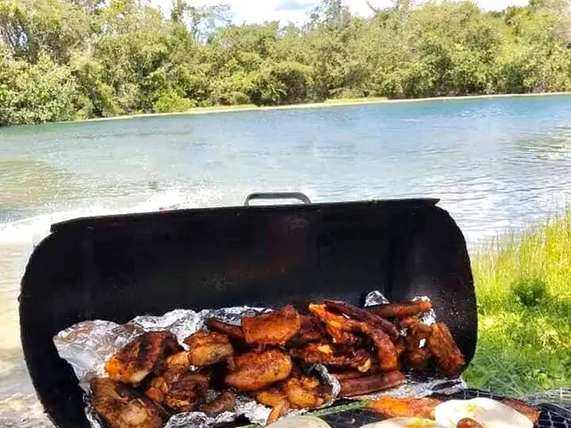 The image shows a barbecue grill with food cooking on it next to a body of water, surrounded by...