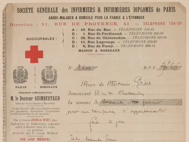 The image shows an old document with a red cross on it, along with text, stamps, and a logo. The...