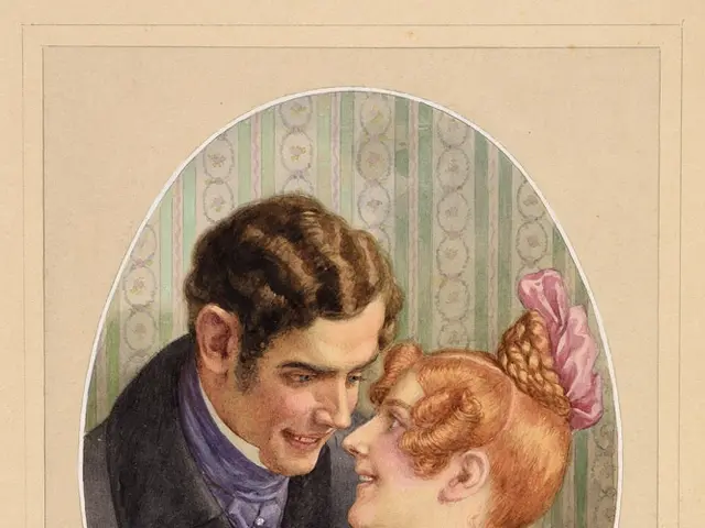The image shows a painting of a man and woman in a romantic embrace. The man is wearing a suit and...
