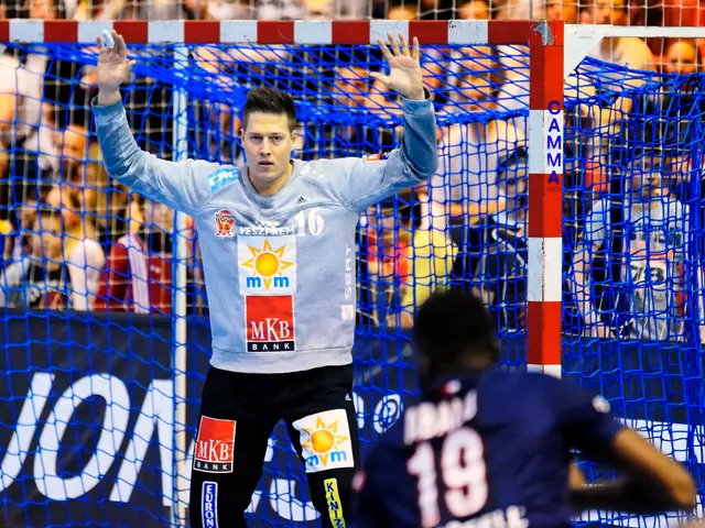 The image shows a handball player standing in front of a goal with his hands up in the air,...