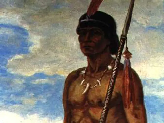 The image shows a painting of a man and a woman standing next to each other, with the man holding a...