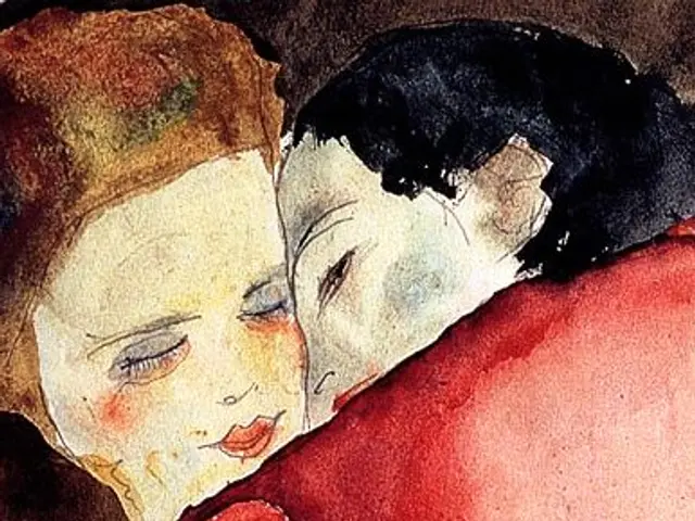 The image shows a painting of a woman and a child embracing in a loving hug. The woman is wearing a...