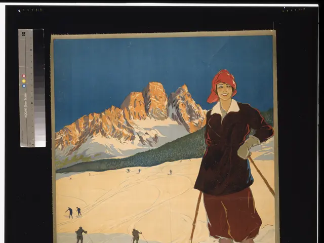 The image shows a poster advertising Cortina d'Ampezzo, a ski resort in Italy. It features a woman...