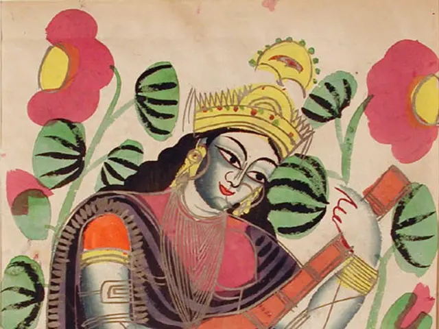 The image shows a painting of a woman playing a musical instrument, surrounded by flowers and...