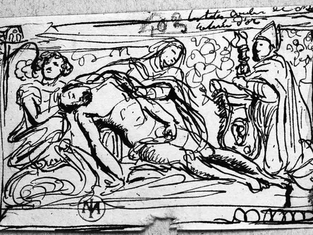 The image shows a black and white drawing of a man laying on a bed, surrounded by a group of...