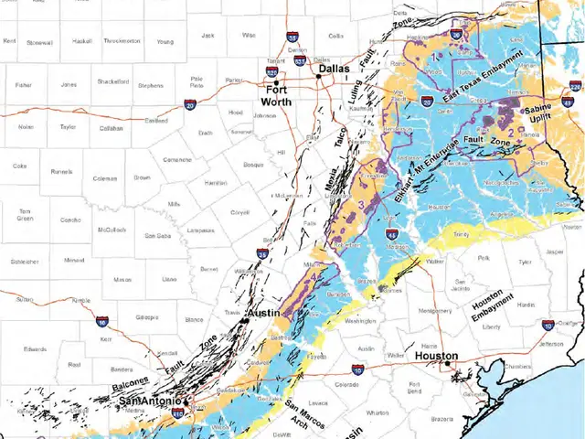 The image shows a weather map of Houston, Texas, with text indicating the average snowfall totals...