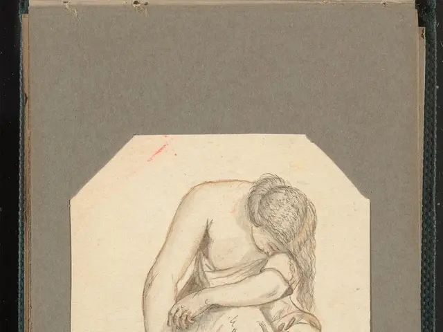 The image shows a drawing of a woman sitting on the ground with her head in her hands, surrounded...