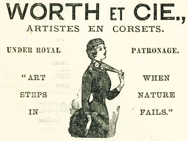 The image shows an advertisement for a woman in a dress with the words "Worth et Cie, Artists en...